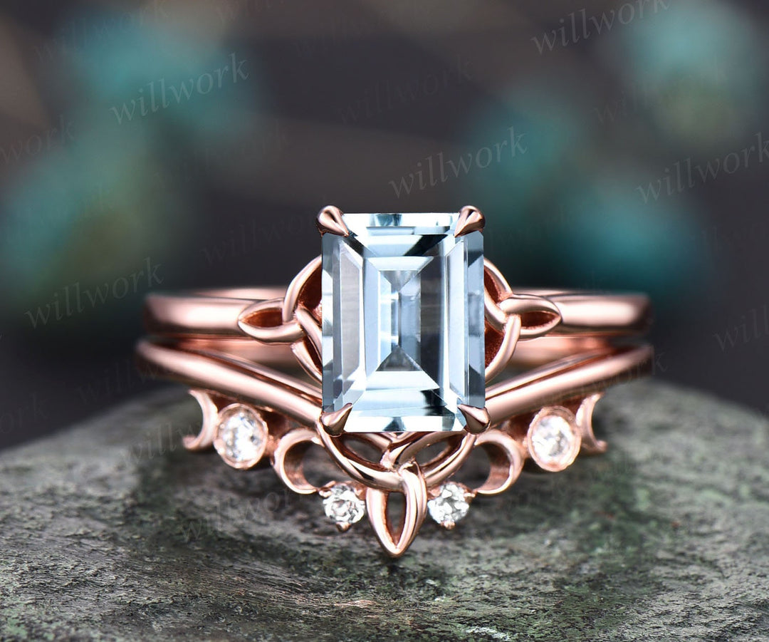 Unique aquamarine ring gold for women vintage Emerald cut aquamarine engagement ring set rose gold moissanite ring Norse Viking ring Jewelry