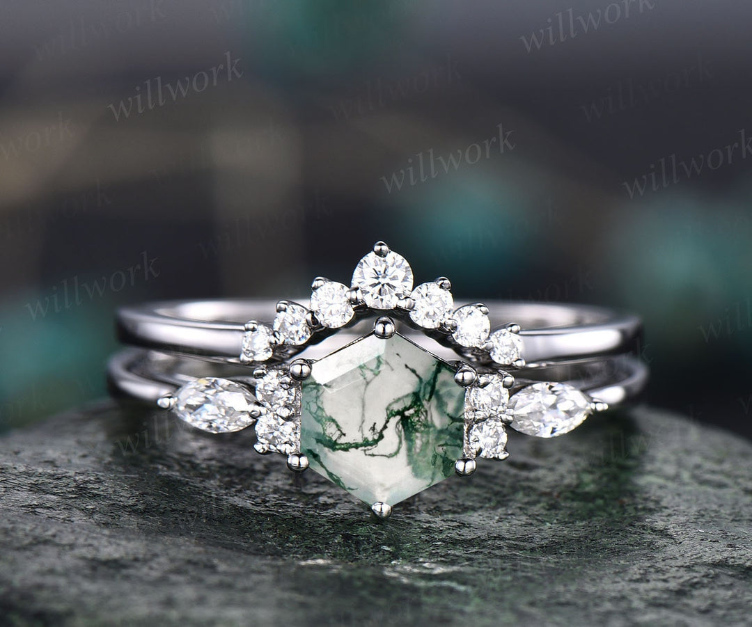 Green moss agate ring set gold silver vintage hexagon moss agate engagement ring set art deco ring women 7 stone moissanite wedding ring set