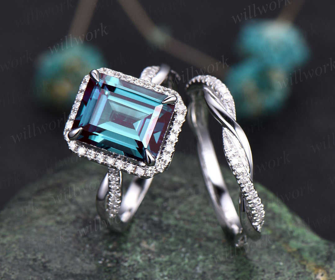 Unique Alexandrite ring vintage emerald cut Alexandrite engagement ring set white gold halo infinity diamond ring for women wedding ring set