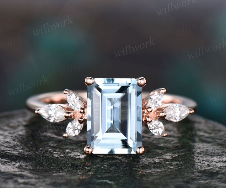 Vintage aquamarine ring gold women emerald cut aquamarine engagement ring art deco dainty flower marquise moissanite wedding promise ring