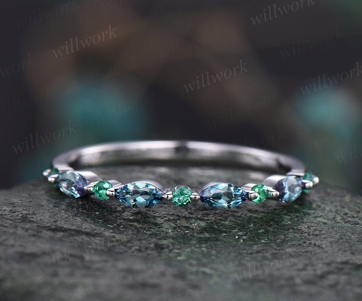 Marquise alexandrite wedding band Natural emerald ring for women vintage emerald wedding ring rose gold eternity bridal anniversary ring
