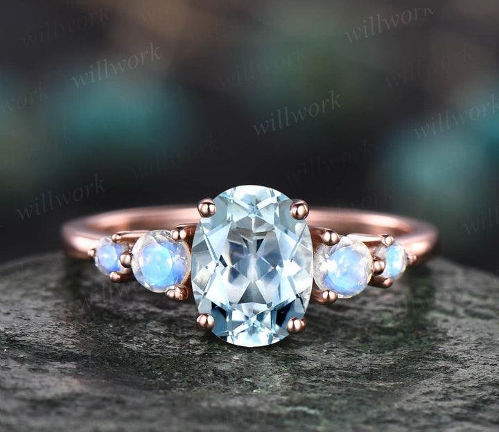 Unique vintage oval cut aquamarine engagement ring minimalist five stone moonstone ring for women 14k rose gold silver promise wedding ring