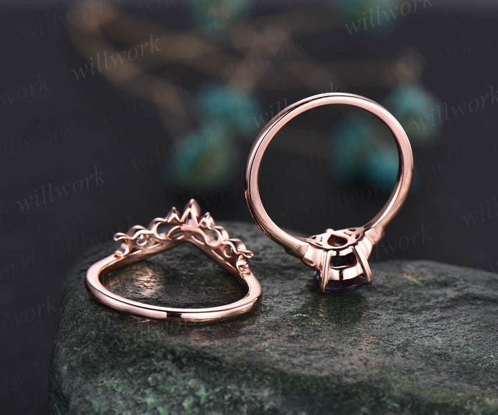 Unique pear shaped alexandrite engagement ring set rose gold silver Celtic Knot Norse Viking ring band vintage moissanite wedding ring set