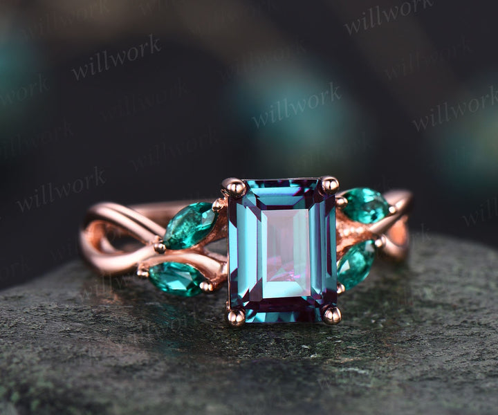 Unique emerald cut Alexandrite engagement ring art deco cluster marquise emerald ring for women 14k rose gold silver infinity twisted ring
