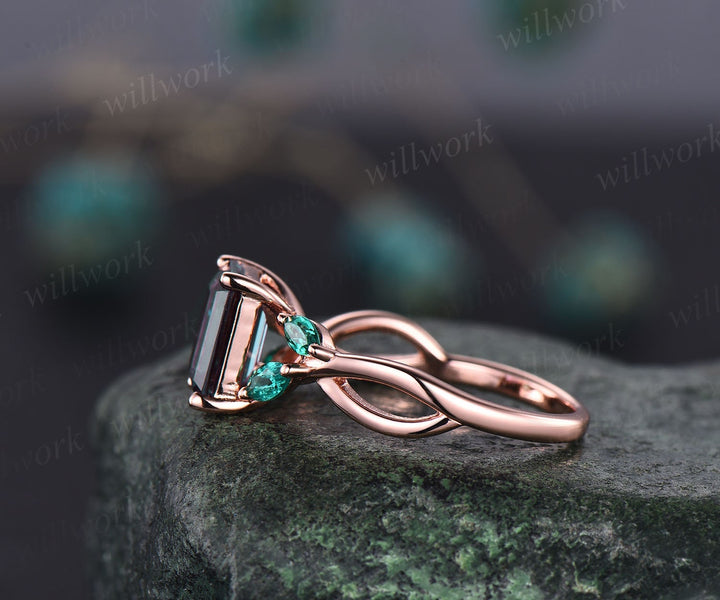 Unique emerald cut Alexandrite engagement ring art deco cluster marquise emerald ring for women 14k rose gold silver infinity twisted ring