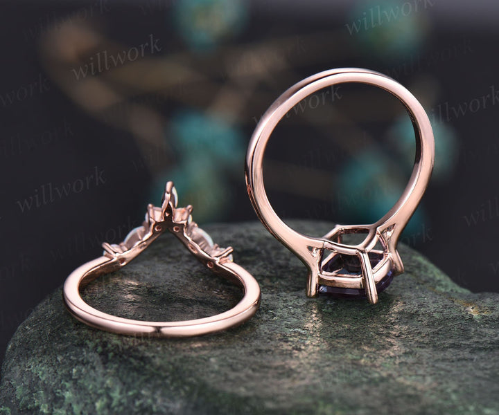 Vintage Alexandrite ring set women cushion cut Alexandrite engagement ring set art deco opal ring band June birthstone ring bridal ring set