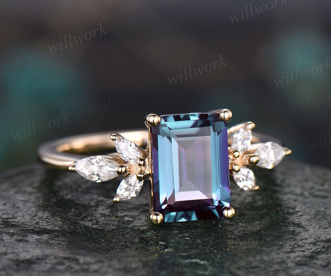 Vintage alexandrite ring gold silver emerald cut Alexandrite engagement ring flower marquise moissanite ring for women anniversary gifts