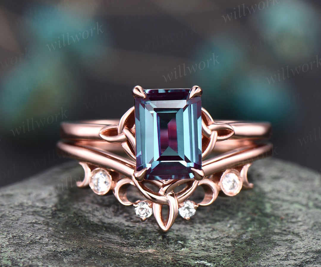 Vintage solitaire emerald cut alexandrite engagement ring set rose gold silver moissanite Norse Viking Celtic Knot ring band jewelry women