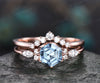 Hexagon aquamarine ring for women vintage unique aquamarine engagement ring set rose gold art deco dainty moissanite wedding bridal ring set