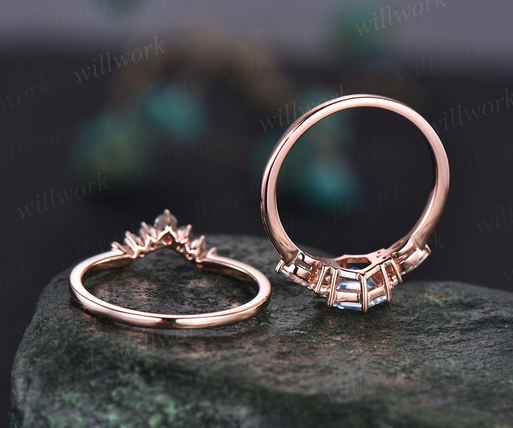 Hexagon aquamarine ring for women vintage unique aquamarine engagement ring set rose gold art deco dainty moissanite wedding bridal ring set