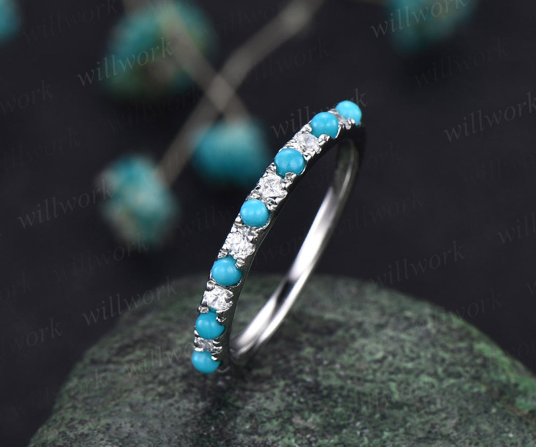 Turquoise wedding ring turquoise wedding band vintage Turquoise ring white gold silver ring for women eternity bridal annniversary ring gift