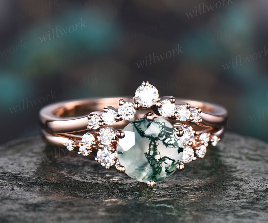 Round moss agate ring set rose gold silver vintage moss agate engagement ring set cluster moissanite ring for women unique wedding ring set