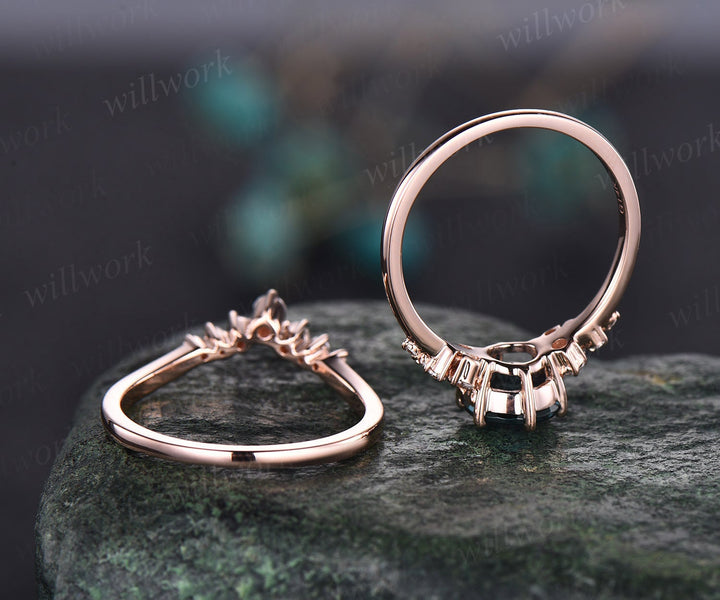 Round moss agate ring set rose gold silver vintage moss agate engagement ring set cluster moissanite ring for women unique wedding ring set