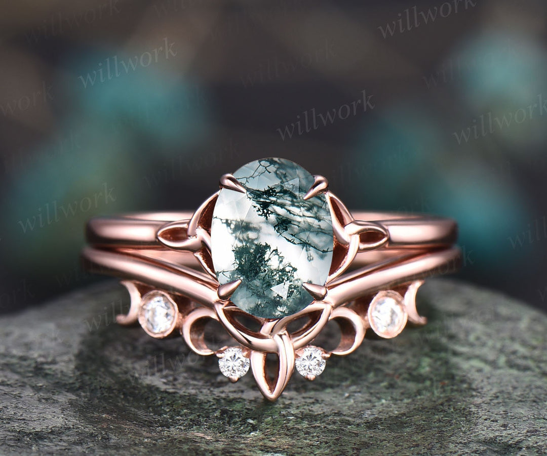 Vintage moss agate ring set Solitaire oval moss agate engagement ring set rose gold silver moissanite ring women Norse Viking ring Jewelry