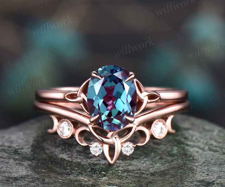 Oval shape alexandrite engagement ring set vintage solitaire oval alexandrite ring rose gold silver for women unique anniversary ring set