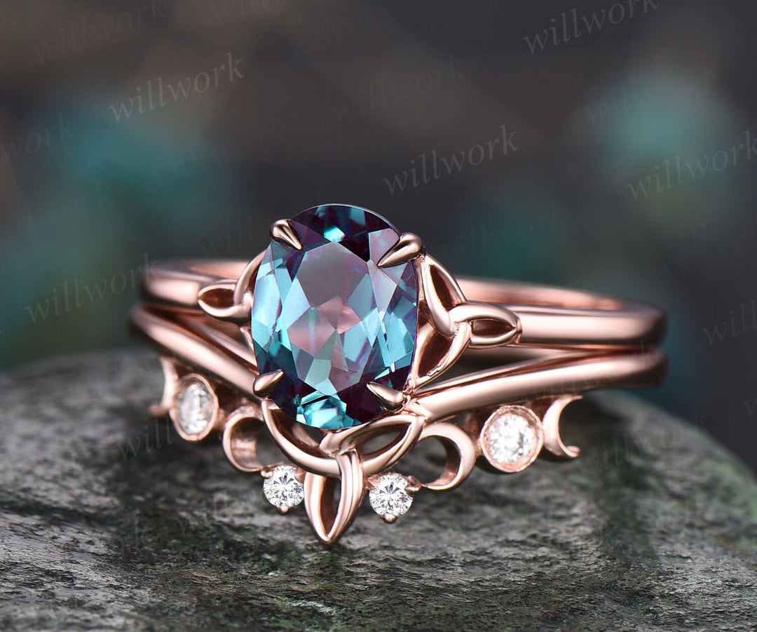 Oval cut alexandrite engagement ring set vintage solitaire alexandrite ring rose gold silver for women unique wedding anniversary ring set