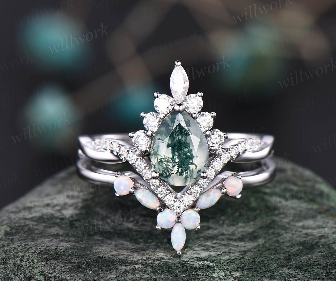Art deco halo marquise unique vintage green moss agate engagement ring set rose gold opal ring women moissanite anniversary ring set gift