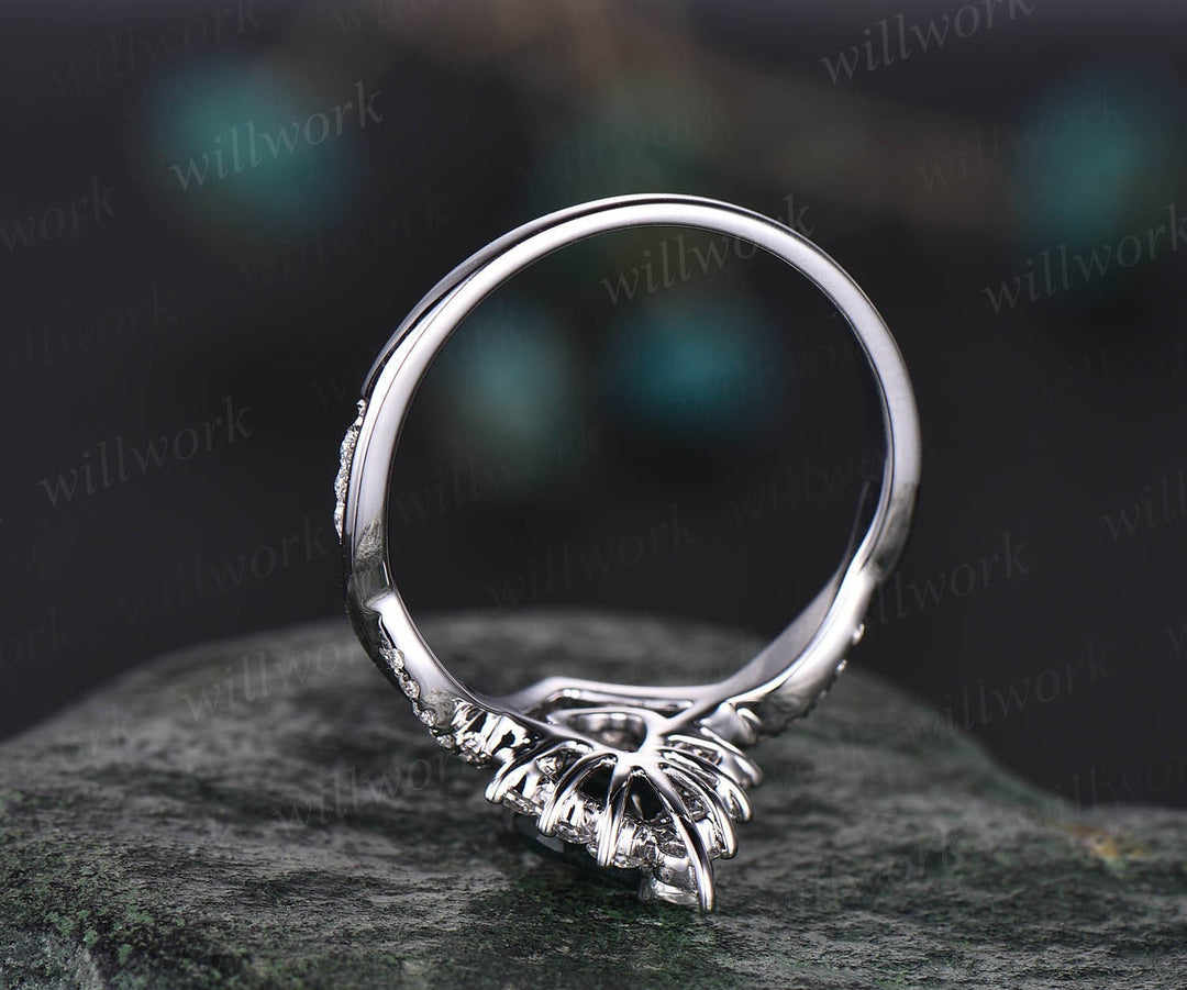 Aquamarine ring set vintage pear shaped aquamarine engagement ring set unique halo rose gold engagement ring women moissanite promise ring