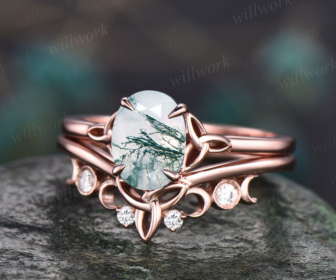 Vintage moss agate ring set Solitaire oval moss agate engagement ring set rose gold silver moissanite ring women Norse Viking ring Jewelry