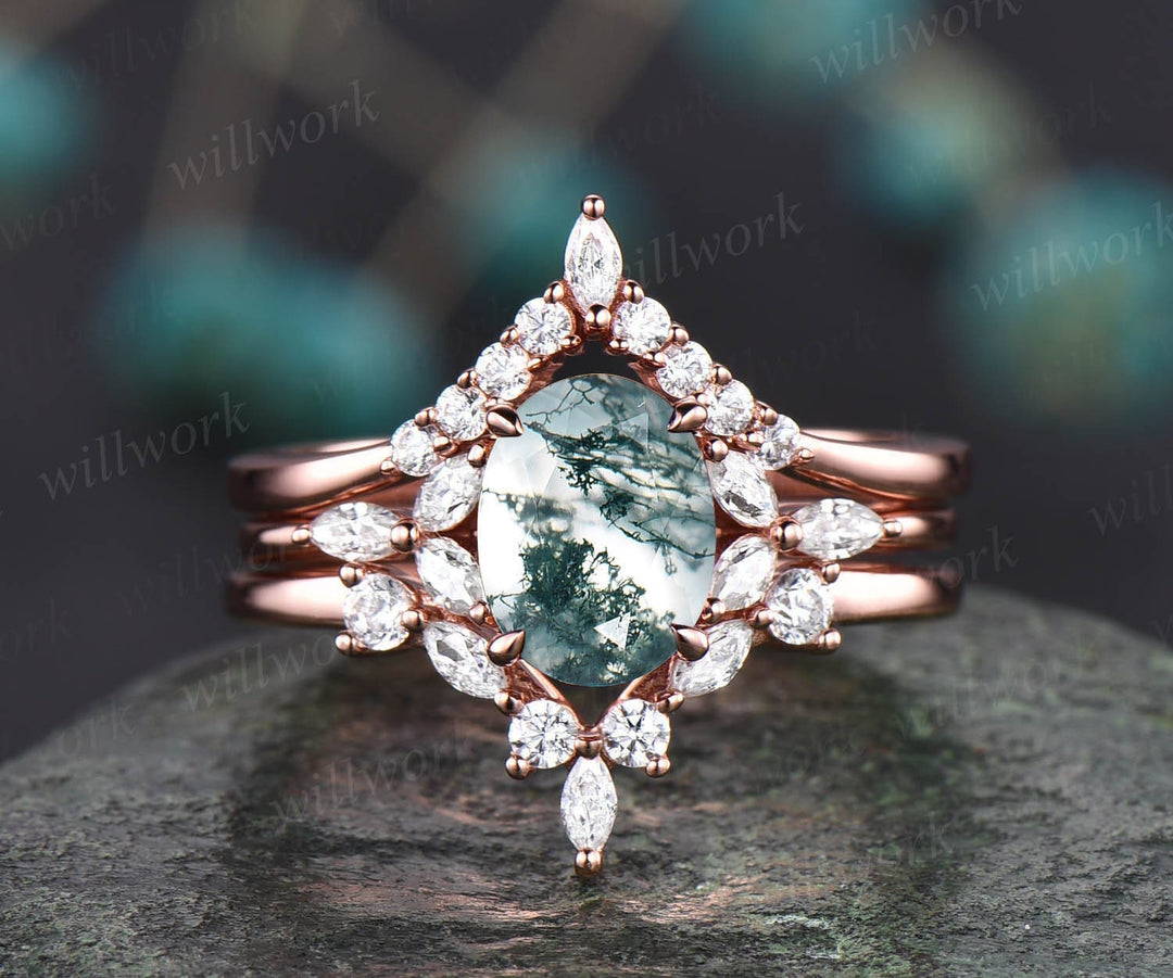 Vintage oval moss agate engagement ring set art deco flower 7 stone marquise moissanite ring set rose gold silver unique promise ring set