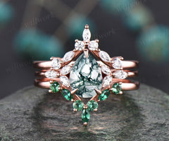 Vintage pear moss agate engagement ring set art deco flower moissanite ring set rose gold silver marquise emerald ring for women jewelry