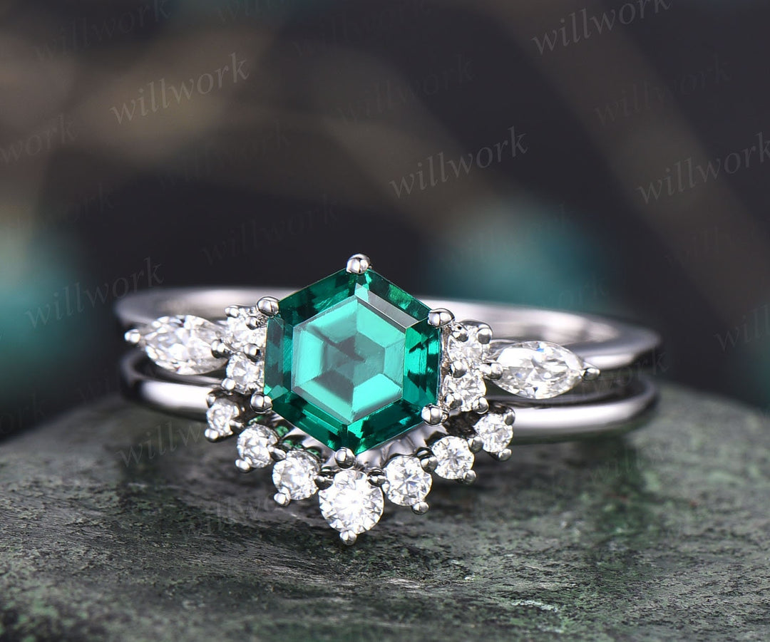 Hexagon emerald engagement ring set art deco moissanite wedding ring set emerald ring vintage rose gold silver for women marquise ring set