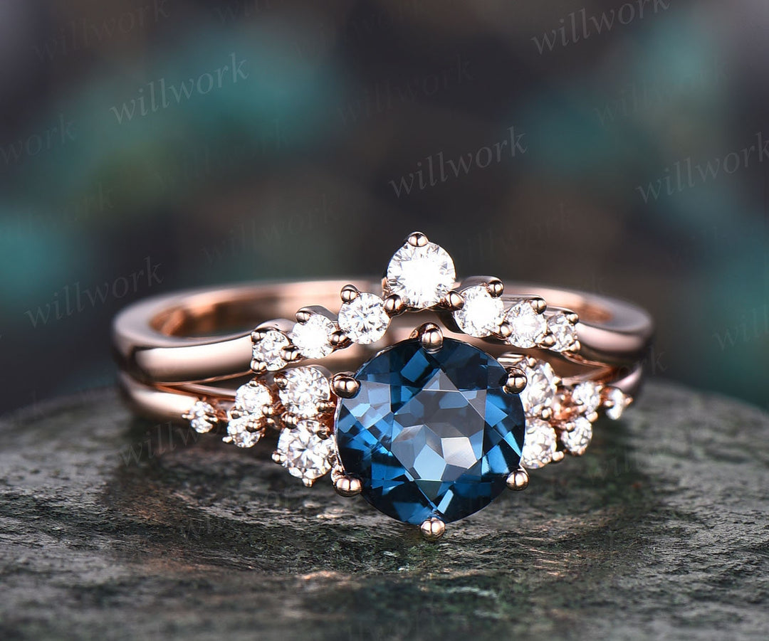 Unique round London blue topaz engagement ring set 14k rose gold moissanite wedding ring set topaz ring for women anniversary ring set gifts