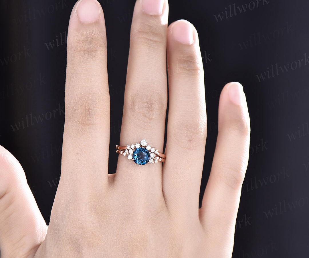 Unique round London blue topaz engagement ring set 14k rose gold moissanite wedding ring set topaz ring for women anniversary ring set gifts