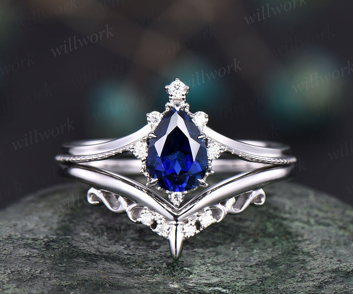 Pear shaped sapphire engagement ring set white gold cluster moissanite unique vintage style engagement ring bridal wedding ring set jewelry