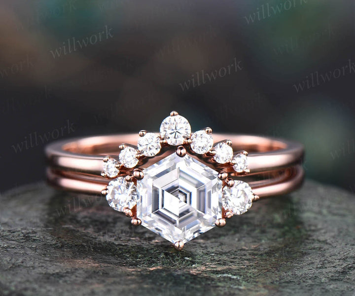 Hexagon moissanite engagement ring set rose gold Minimalist unique vintage three stone engagement ring for women promise wedding ring set