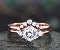 Hexagon moissanite engagement ring set rose gold Minimalist unique vintage three stone engagement ring for women promise wedding ring set