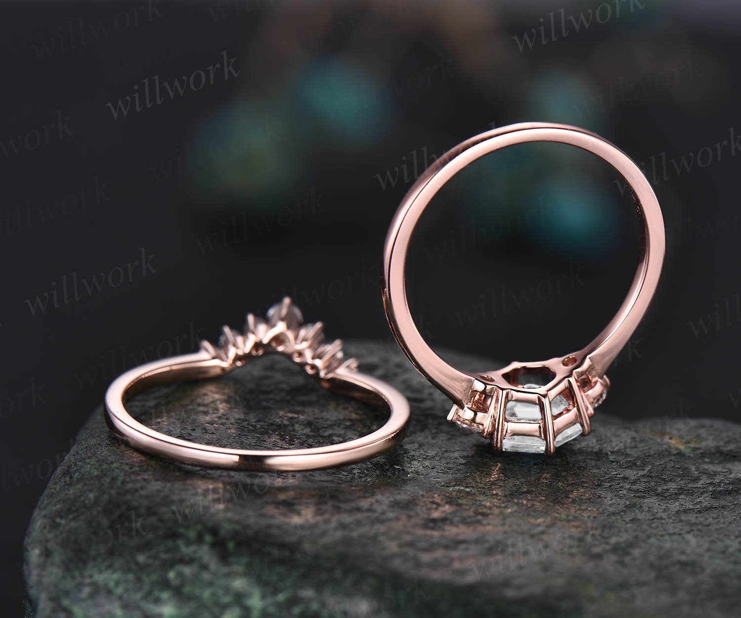 Engagement Ring Hexagon cut Alexandrite ring Rose gold ring for Engagement ring unique outlet three stone moissanite ring Promise gift