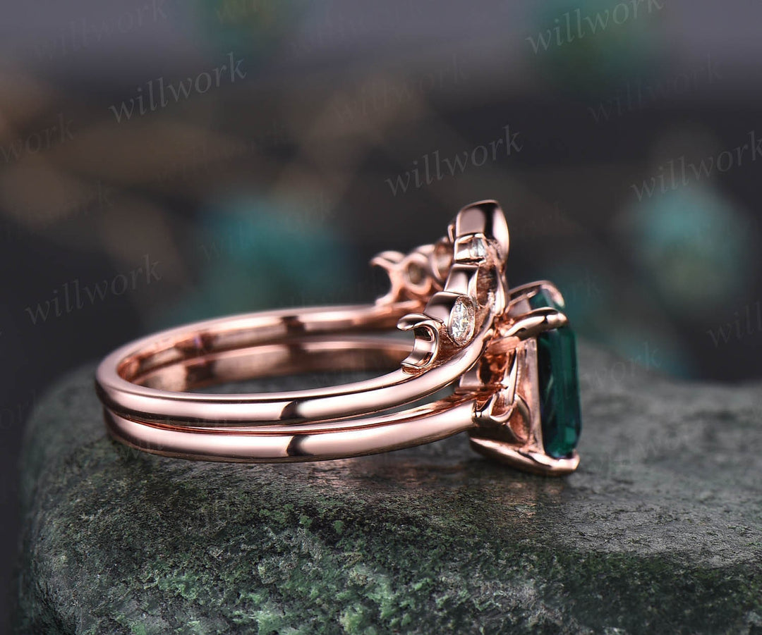 Emerald cut emerald engagement ring set rose gold solitaire unique vintage engagement ring emerald ring for women bridal wedding ring set