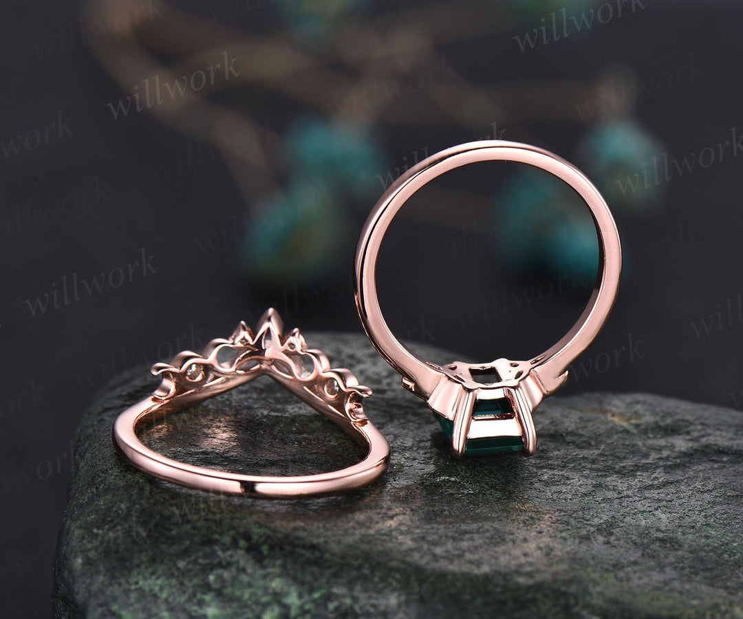 Emerald cut emerald engagement ring set rose gold solitaire unique vintage engagement ring emerald ring for women bridal wedding ring set