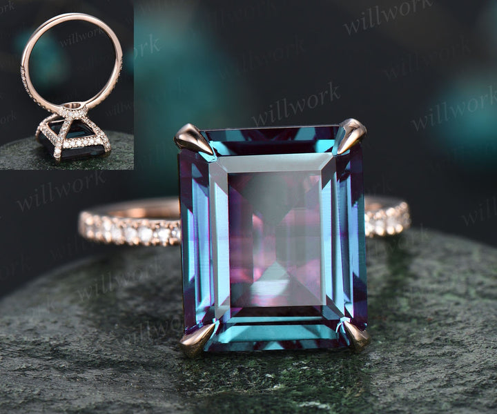Alexandrite ring vintage unique emerald cut Alexandrite engagement ring for women under halo basket diamond ring rose gold anniversary jewelry