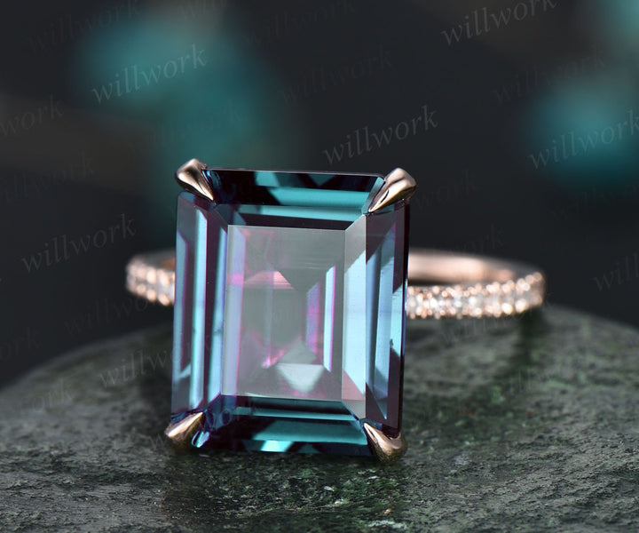 Alexandrite ring vintage unique emerald cut Alexandrite engagement ring for women under halo basket diamond ring rose gold dainty jewelry