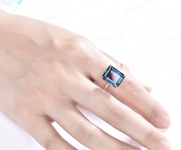Alexandrite ring vintage unique emerald cut Alexandrite engagement ring for women under halo basket diamond ring rose gold anniversary jewelry
