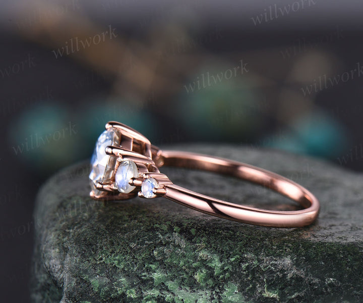 Moonstone ring minimalist vintage round moonstone engagement ring five stone ring rose gold silver for women anniversary promise ring gifts