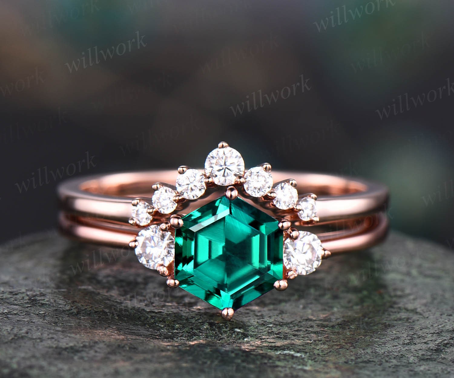 Hexagon emerald engagement ring set rose gold Minimalist unique vintag ...