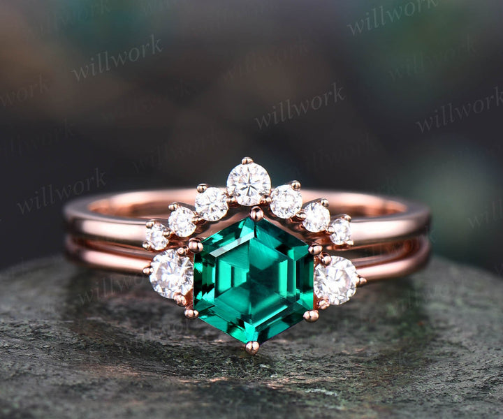 Hexagon emerald engagement ring set rose gold Minimalist unique vintage three stone moissanite engagement ring wedding ring set for women