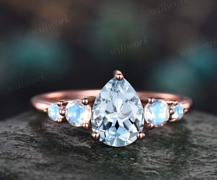 Aquamarine ring minimalist vintage pear aquamarine engagement ring five stone moonstone ring for women rose gold sterling silver bridal ring