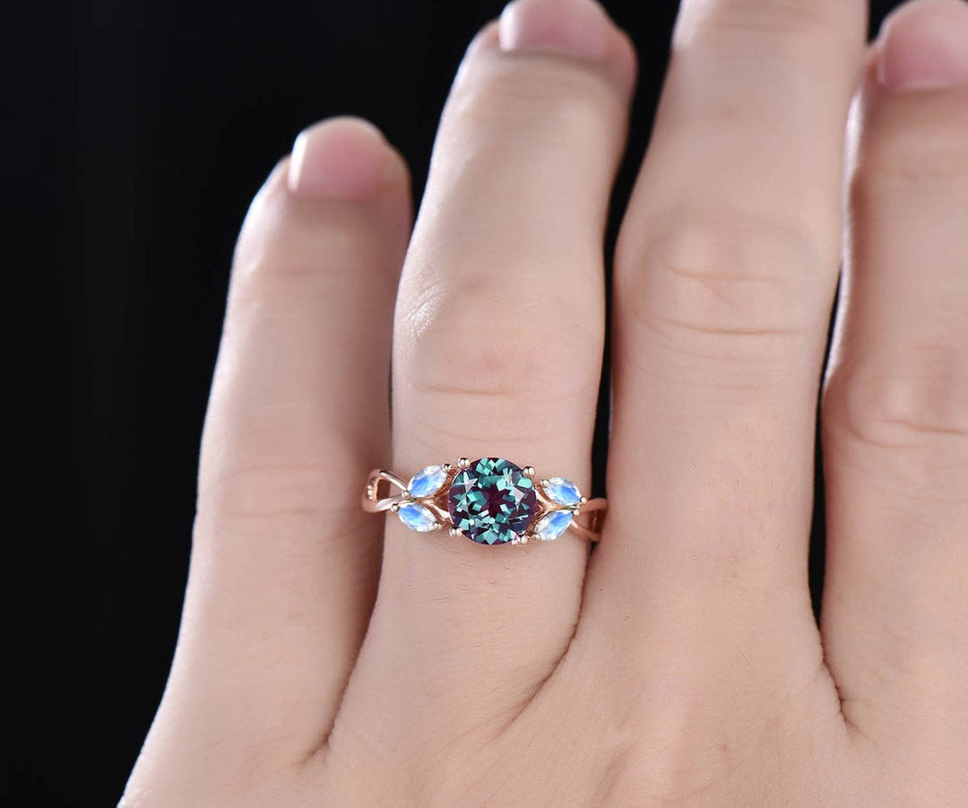 Round Alexandrite engagement ring rose gold five stone vintage unique marqusie moonstone engagement ring for women anniversary wedding ring