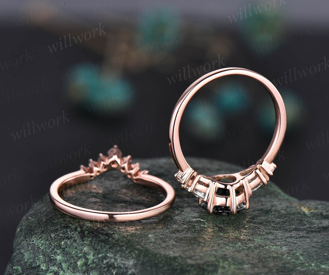 Round cut black rutilated quartz engagement ring set 14k rose gold five stone moissanite ring black diamond ring for women wedding ring set