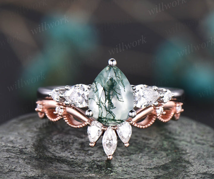 Vintage moss agate ring gold silver women unique pear shaped moss agate engagement ring set moissanite ring art deco crown wedding ring set