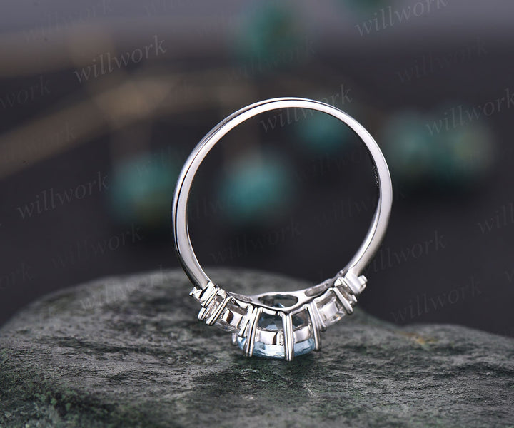 Unique round cut aquamarine engagement ring five stone moissannite ring for women minimalist personalized March birthstone ring gold silver