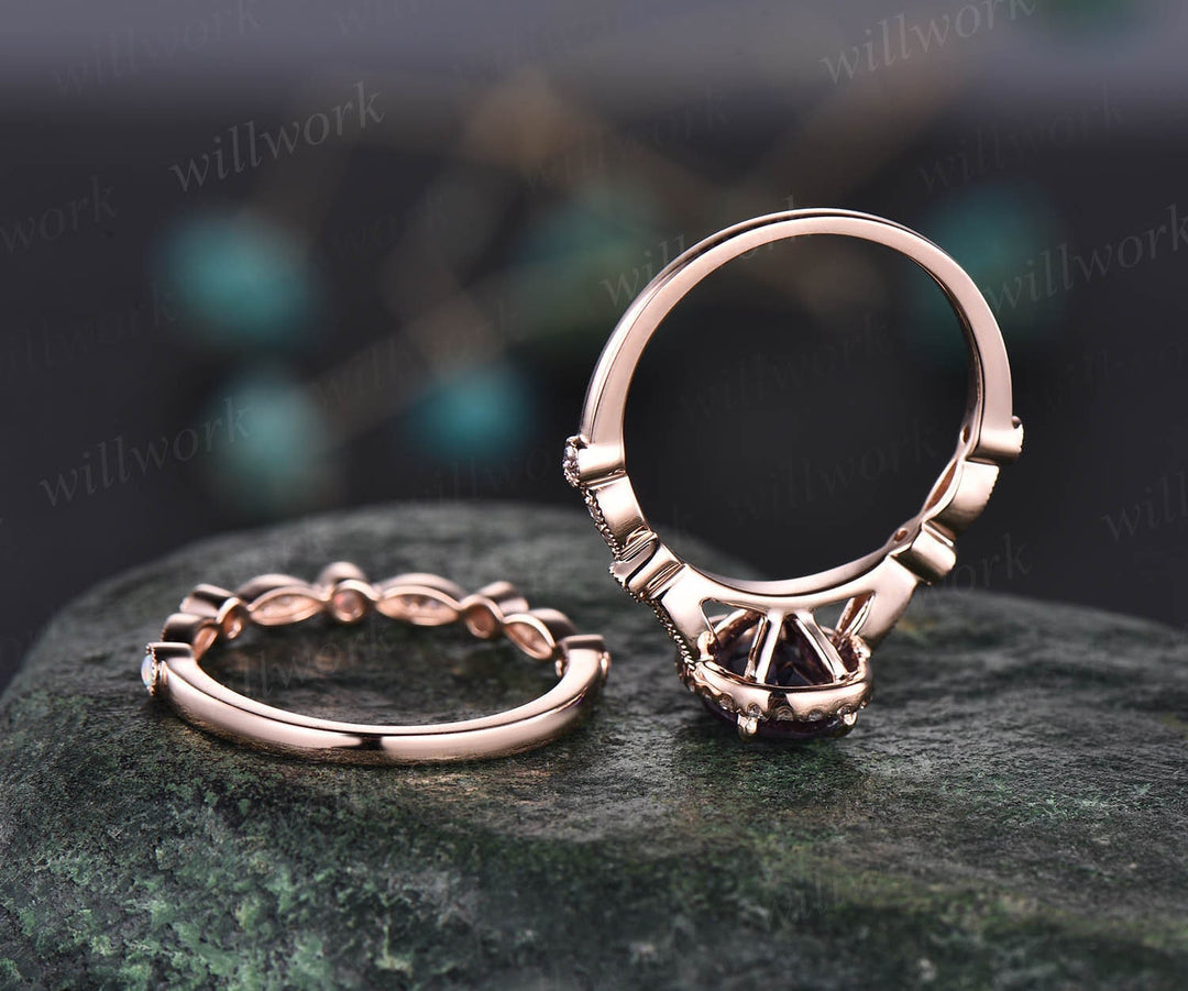 Unique vintage oval alexandrite engagement ring set art deco halo milgrain diamond ring opal ring for women 14k rose gold wedding ring set