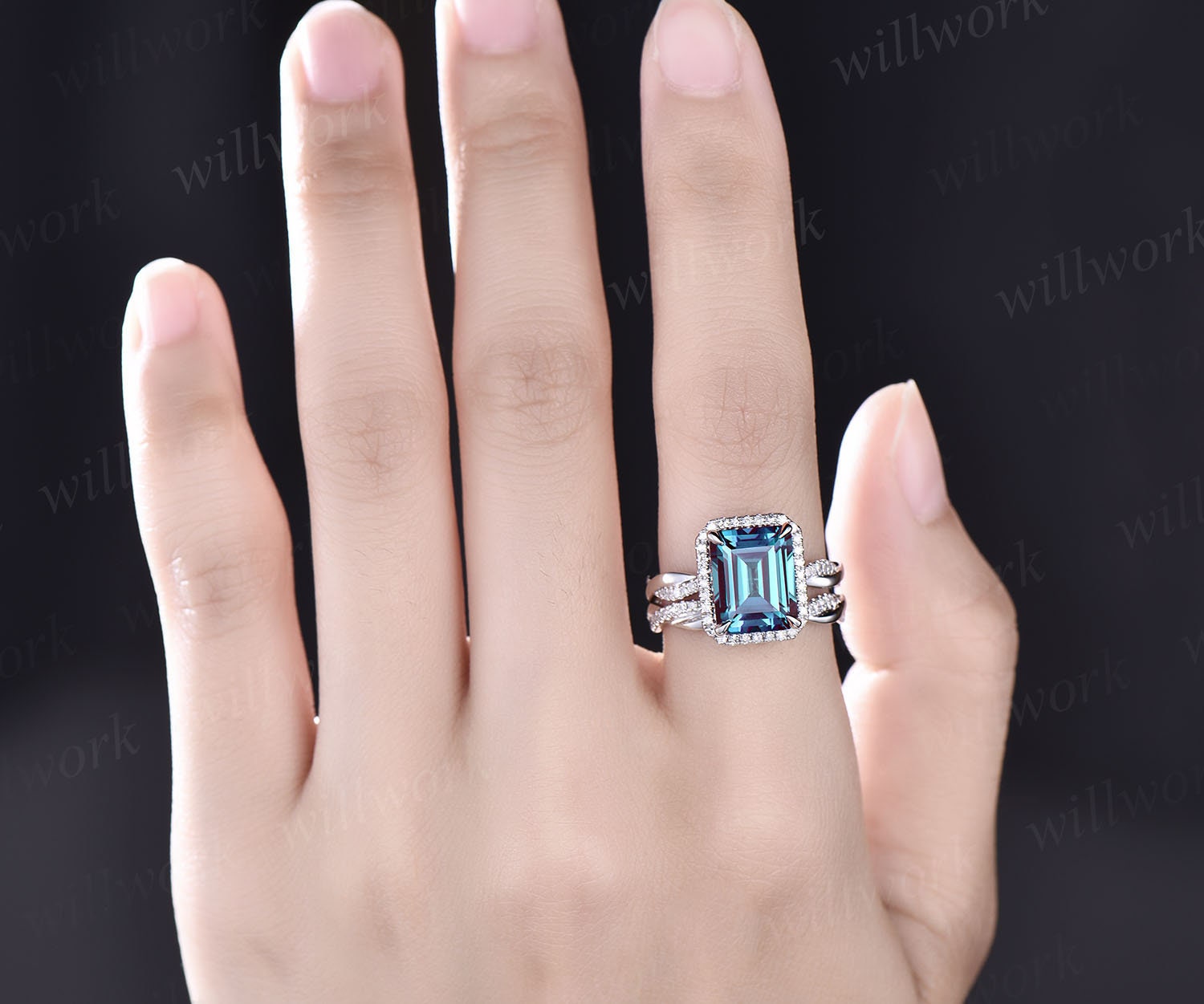 Art Deco popular Alexandrite Engagement Ring Set Vintage Aquamarine Ring Set Women Art Deco Unique Emerald Cut Alexandrite 2 Piece Wedding Ring Set