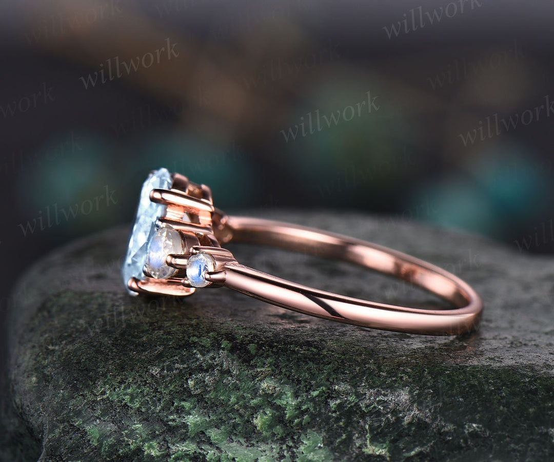 Unique vintage oval cut aquamarine engagement ring minimalist five stone moonstone ring for women 14k rose gold silver promise wedding ring