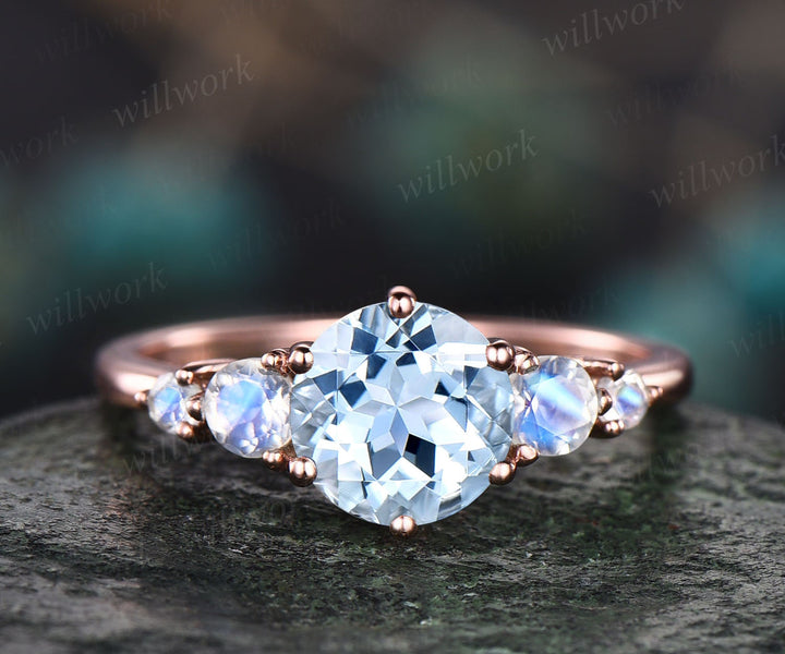 Unique vintage round cut aquamarine engagement ring minimalist five stone moonstone ring for women 18k rose gold silver anniversary ring