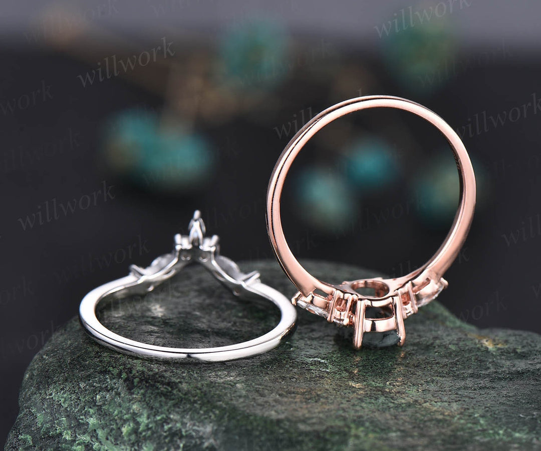 Vintage oval cut moss agate engagement ring set art deco unique rose gold engagement ring marquise cut moissanite wedding ring for women